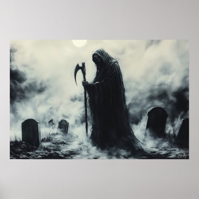 Mysterious Grim Reaper in a Foggy Graveyard Poster (Front)