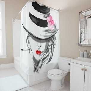 Mysterious Lady Shower Curtain Woman with Hat