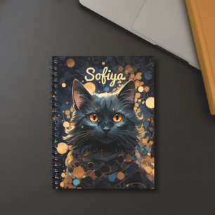 Mysterious majestic black cat gold glitter name notebook