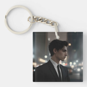 Mysterious Man in Suit at Night – Cinematic Urban  Keychain