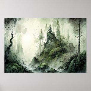 Mysterious Mist Forest Watercolor Poster