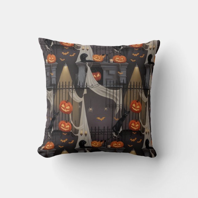 Mysterious Night Cat and Pumpkin Pattern - Hallowe Throw Pillow (Front)