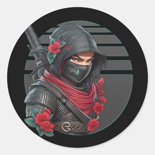 Mysterious Ninja Warrior with Sword and Red Scarf Classic Round Sticker (Front)