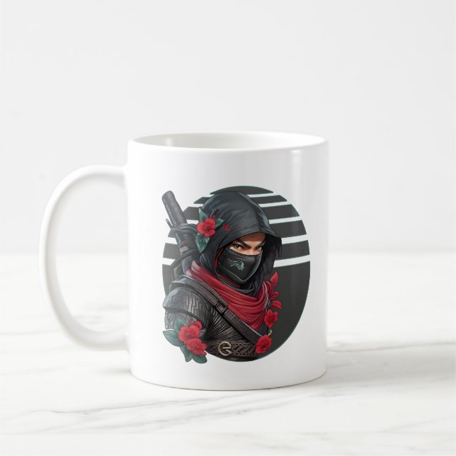 Mysterious Ninja Warrior with Sword and Red Scarf Coffee Mug (Left)