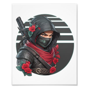 Mysterious Ninja Warrior with Sword and Red Scarf Photo Print