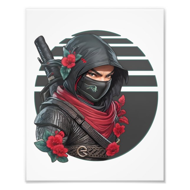 Mysterious Ninja Warrior with Sword and Red Scarf Photo Print (Front)