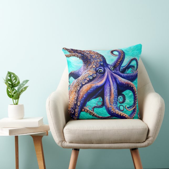 Mysterious Octopus Blue Ocean Wave Abstract Art Throw Pillow (Chair)