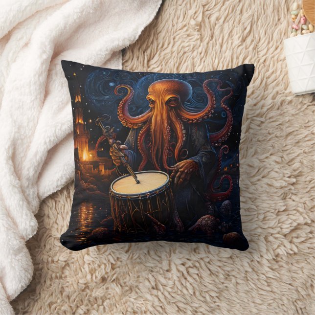 Mysterious Octopus Drummer Under Starry Night Throw Pillow (Blanket)