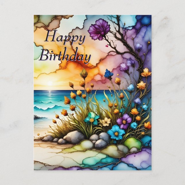 Mysterious Portal Floral Ocean Beach Birthday Postcard (Front)