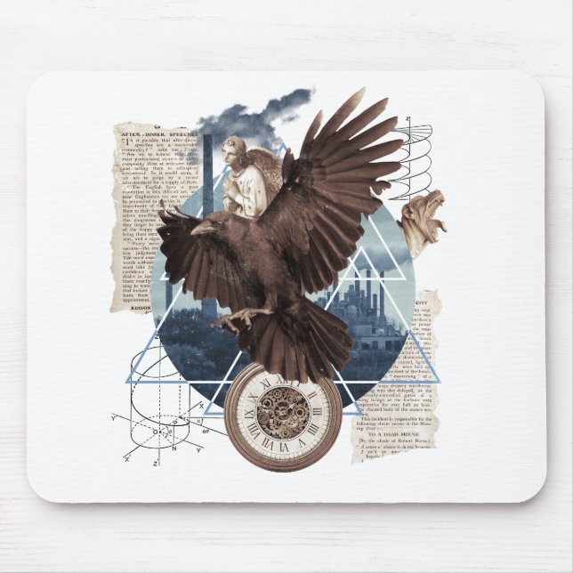 Mysterious Raven Collage – Vintage and Futuristic  Mouse Pad (Front)