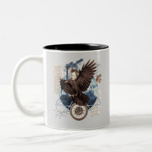 Mysterious Raven Collage – Vintage and Futuristic Two-Tone Coffee Mug
