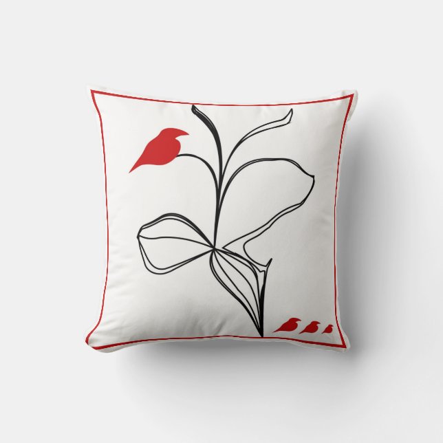 mysterious RED birds on abstraction black flower Throw Pillow (Front)