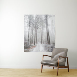 Mysterious road in a frozen foggy forest tapestry