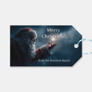 Mysterious Santa Claus Blowing a Glowing Snowflake Gift Tags