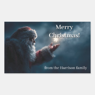 Mysterious Santa Claus Blowing a Glowing Snowflake Sticker
