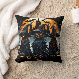 Mysterious scarecrows under a glowing moonlit sky throw pillow