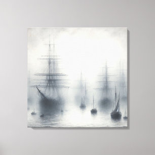 Mysterious Ships in a Foggy Harbour Canvas Print