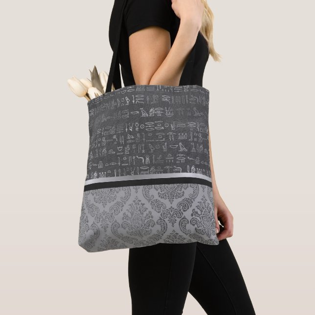 Mysterious Silver Egyptian Symbols Silver Damask Tote Bag (Close Up)