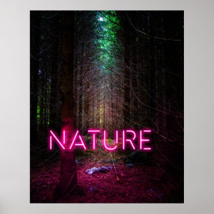 Mysterious spruce forest nature neon magenta poster