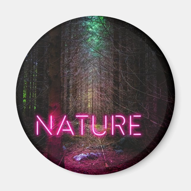 Mysterious spruce forest nature neon magenta sign magnet (Front)