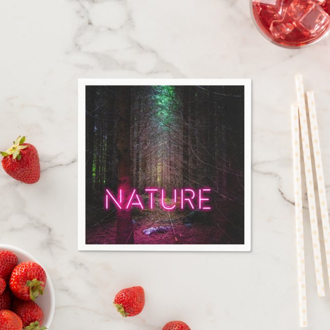 Mysterious spruce forest nature neon magenta sign napkin (Insitu)