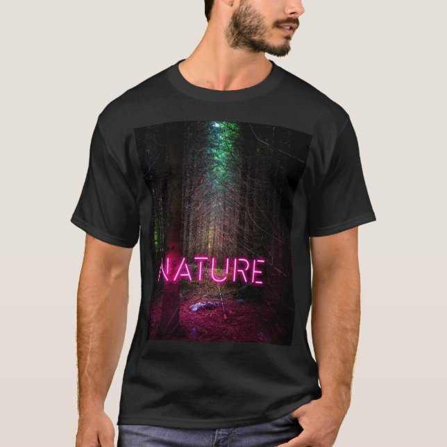 Mysterious spruce forest nature neon magenta sign T-Shirt (Front)