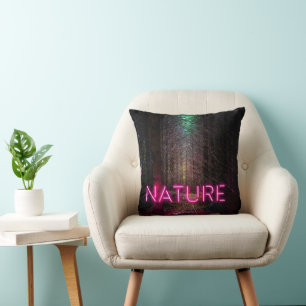 Mysterious spruce forest nature neon magenta sign throw pillow