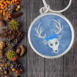 Mysterious White Deer Head Antlers Blue Roses  Keychain