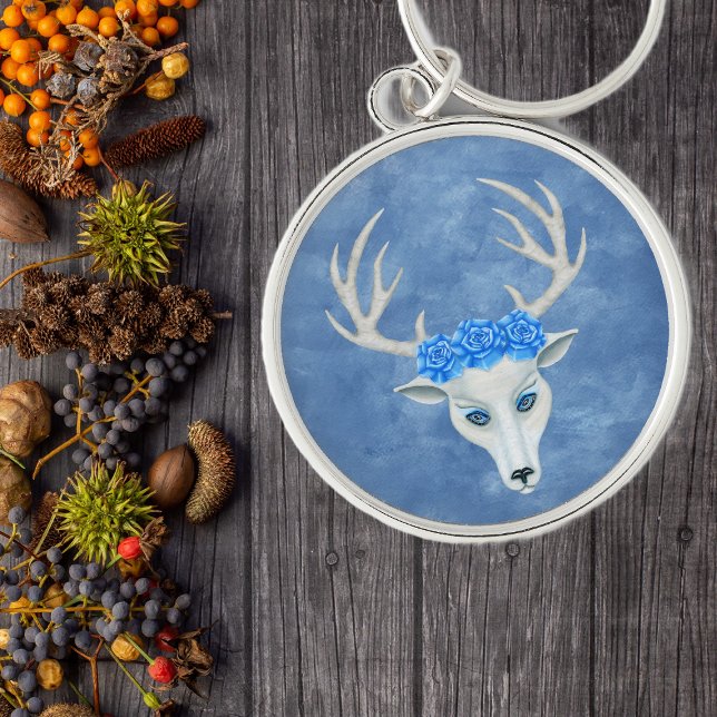 Mysterious White Deer Head Antlers Blue Roses  Keychain (White mystic deer head antlers with big blue roses on shades of blue keychain.)