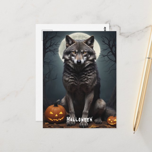 Mysterious Wolf with Pumpkin Halloween Art Postcard (Front/Back In Situ)