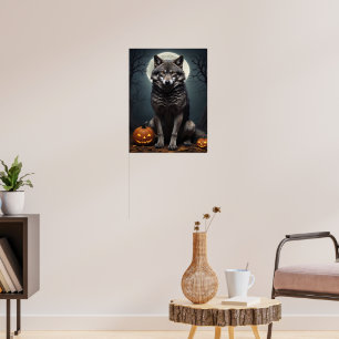 Mysterious Wolf with Pumpkin Halloween Art Poster