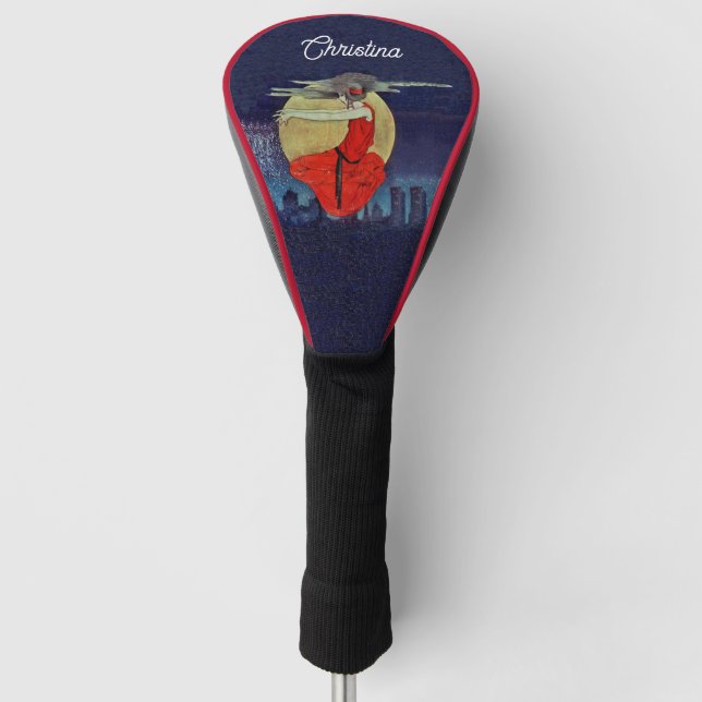 Mysterious Woman Floating in City Night Sky Moon Golf Head Cover (Front)