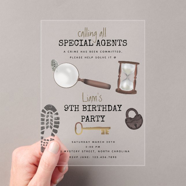 Mystery Kids Secret Agent Spy Detective Birthday Acrylic Invitations (Insitu (Handheld))