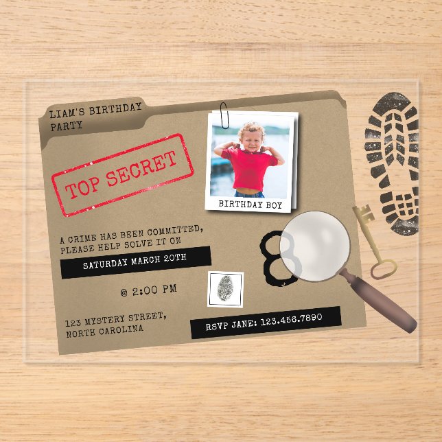 Mystery Kids Secret Agent Spy Detective Birthday Acrylic Invitations (Front)