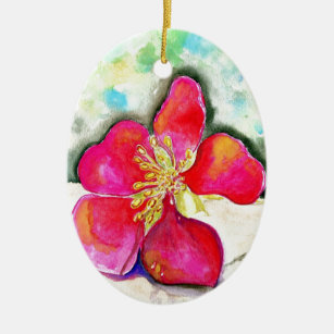 Mystery Pink Flower Watercolor Ceramic Ornament