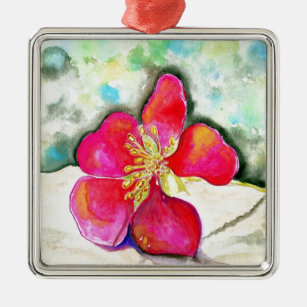 Mystery Pink Flower Watercolor Metal Ornament