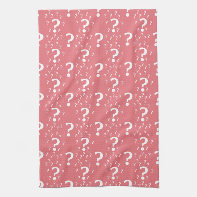 Mystery question mark riddle puzzle coral kitchen towel (Vertical)