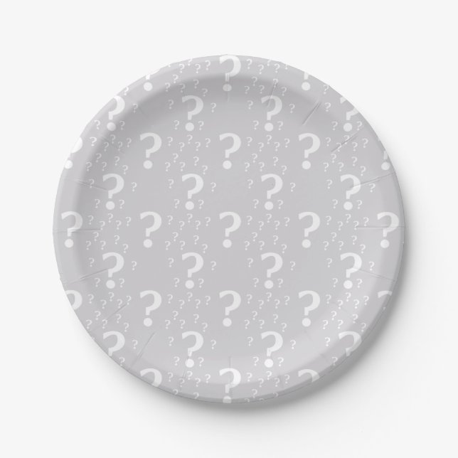 Mystery question mark riddle puzzle light gray paper plate (Front)