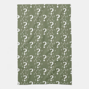 Mystery question mark riddle puzzle olive green kitchen towel