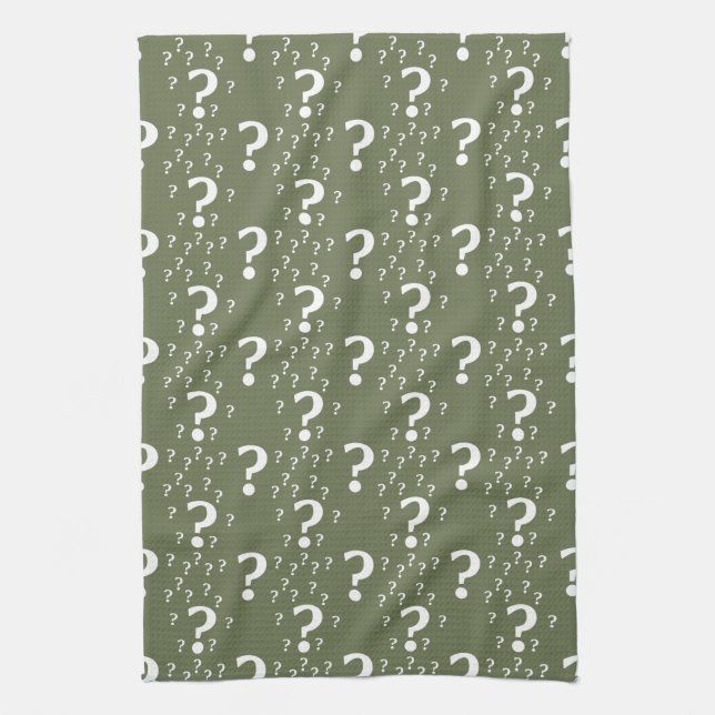 Mystery question mark riddle puzzle olive green kitchen towel (Vertical)