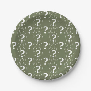 Mystery question mark riddle puzzle olive green paper plate