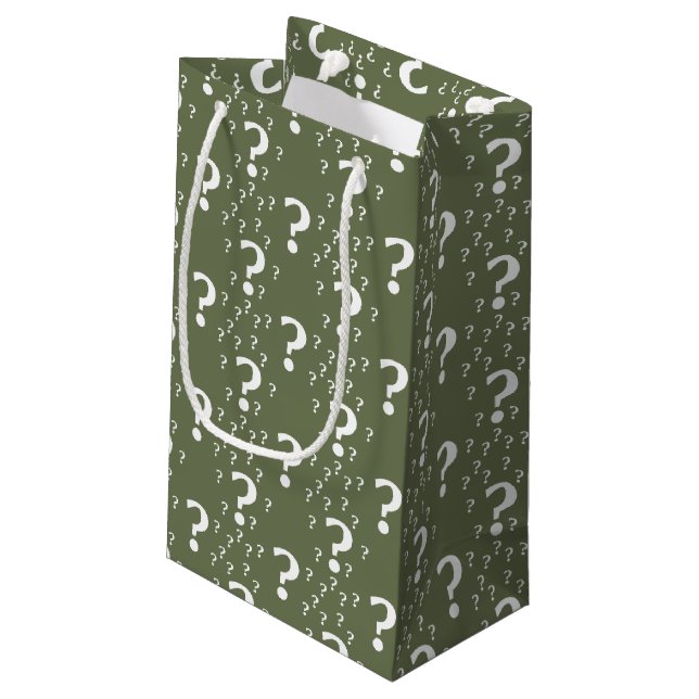 Mystery question mark riddle puzzle olive green small gift bag (Back Angled)