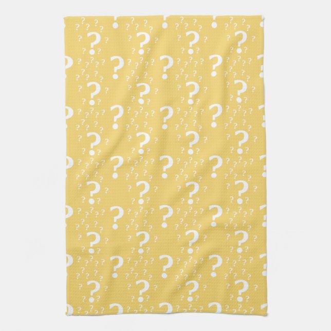 Mystery question mark riddle puzzle yellow kitchen towel (Vertical)