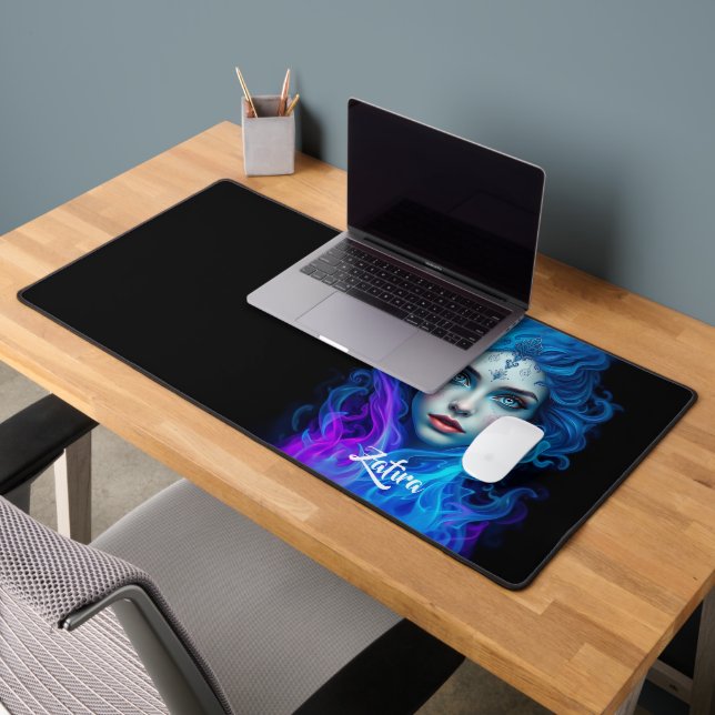 Mystery Woman Emerging from Blue & Purple Flames Desk Mat (Office 2)