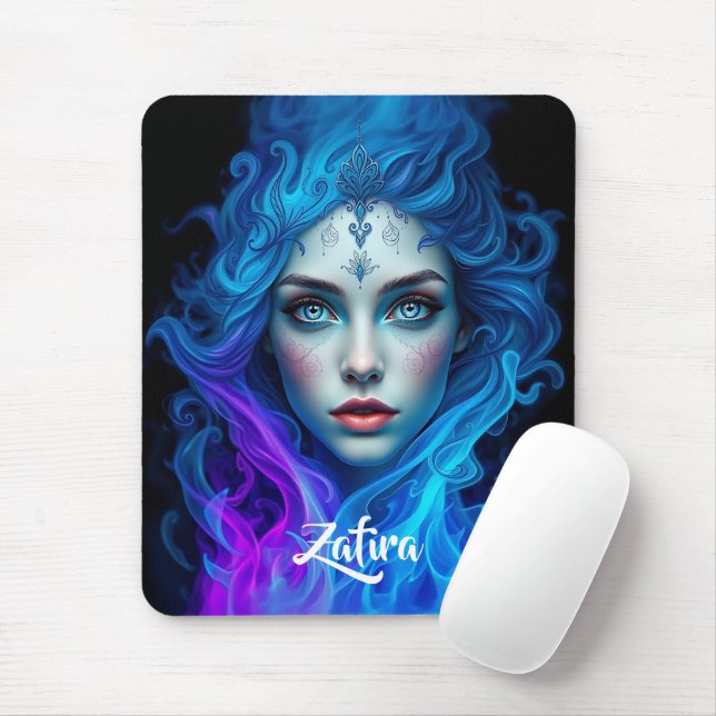 Mystery Woman Emerging from Blue & Purple Flames Mouse Pad (With Mouse)