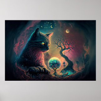 Mystic Black Cat Art Poster 