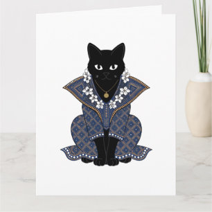 Mystic Black Cat Blue Batik Greeting Card