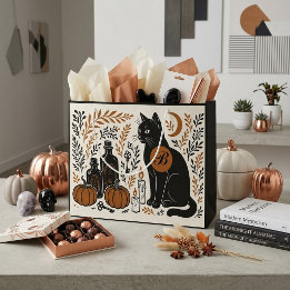 Mystic Black Cat Crescent Moon Botanical Monogram Large Gift Bag