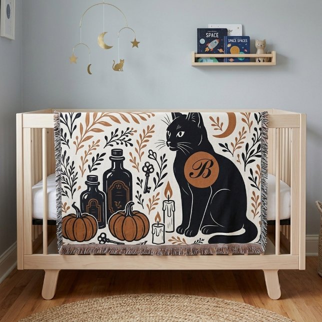 Mystic Black Cat Crescent Moon Botanical Monogram  Throw Blanket (Mystic Black Cat Crescent Moon Botanical Monogram Throw Blanket)