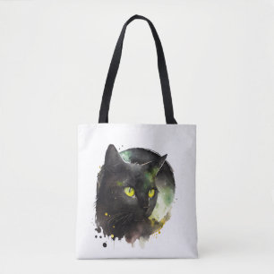 Mystic Black Cat Watercolor – Enchanted Night Art  Tote Bag